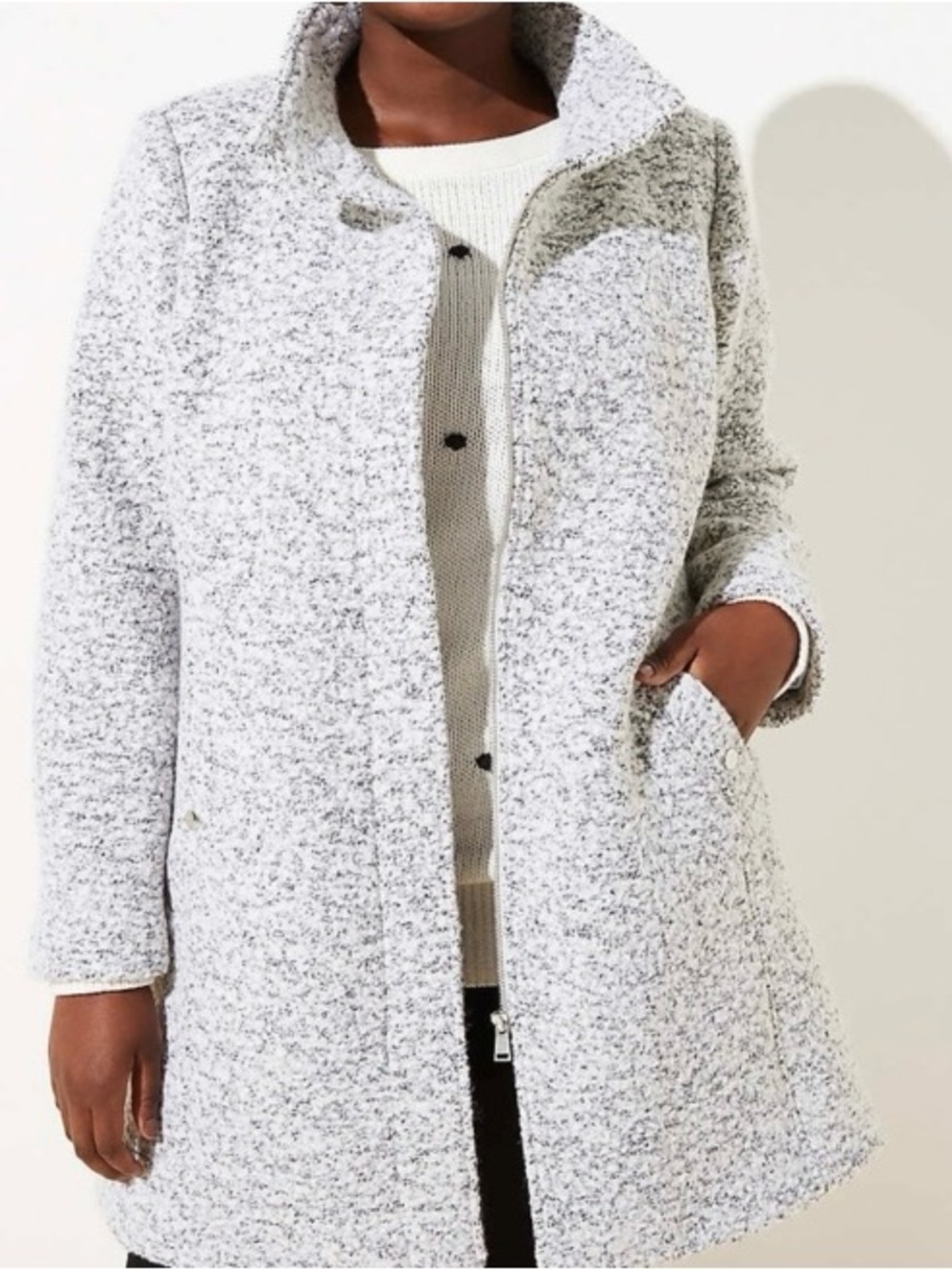 LOFT Grey and Cream Bouclé Teddy Textured Coat XSP